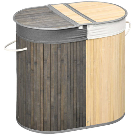 100L Bamboo Laundry Basket, Dual Compartments, Grey/Natural