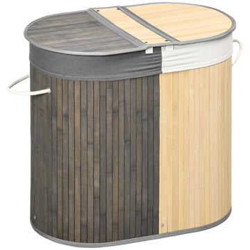 100L Bamboo Laundry Basket, Dual Compartments, Grey/Natural