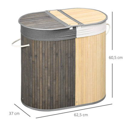 100L Bamboo Laundry Basket, Dual Compartments, Grey/Natural