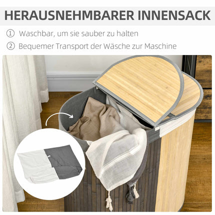 100L Bamboo Laundry Basket, Dual Compartments, Grey/Natural