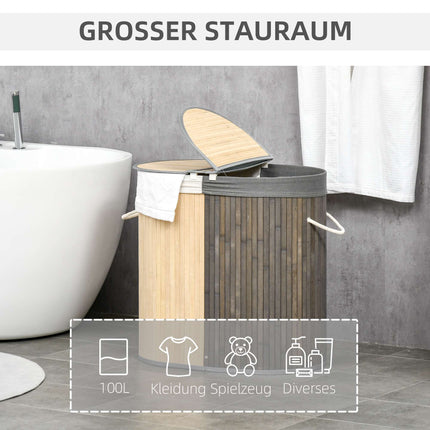 100L Bamboo Laundry Basket, Dual Compartments, Grey/Natural