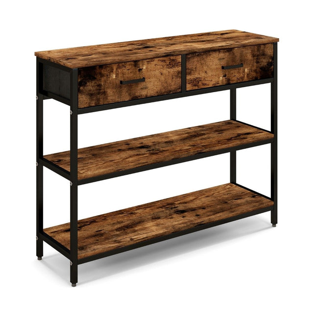 100cm Console Table with 2 Fabric Drawers 3 Tier Side Table Rustic Brown