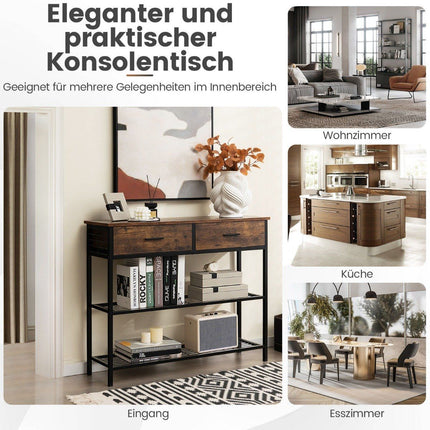100 cm console table with 2 drawers 3 levels hallway table made of wood side table with metal frame rustic brown