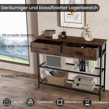 100 cm console table with 2 drawers 3 levels hallway table made of wood side table with metal frame rustic brown