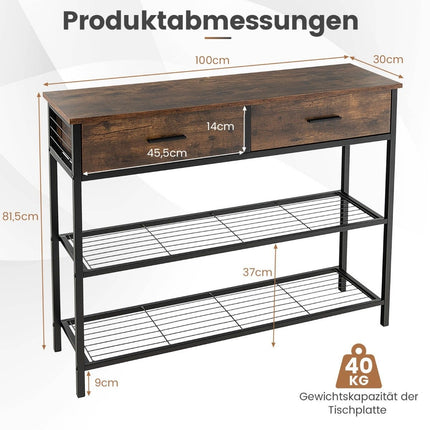 100 cm console table with 2 drawers 3 levels hallway table made of wood side table with metal frame rustic brown