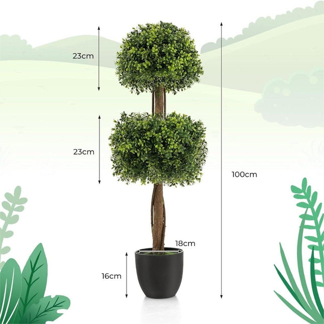 100 cm high artificial boxwood with 2 spherical leaf sections & cement-filled plastic pot