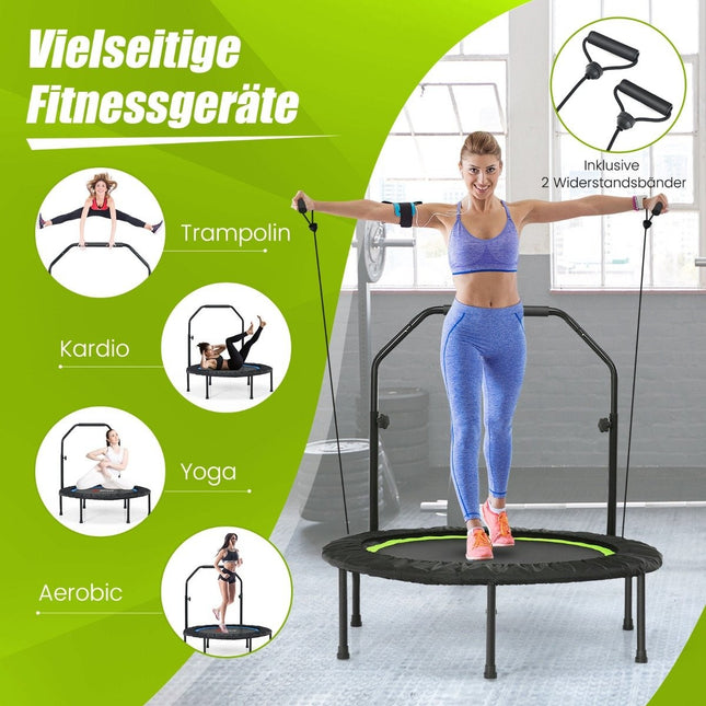 Ø101 cm mini trampoline with height-adjustable handle and 2 resistance bands green