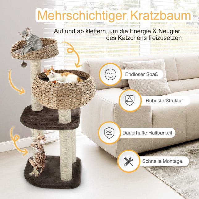 104cm Wooden Cat Tree with Beds & Toy Ball & Rope & Sisal Wrapped Columns