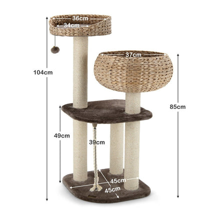 104cm Wooden Cat Tree with Beds & Toy Ball & Rope & Sisal Wrapped Columns