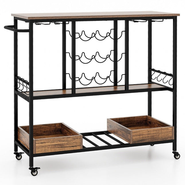 108 x 40 x 91 cm 3-tier kitchen trolley with wheels &amp; Glass holders &amp; Wine Rack &amp; Hook serving trolley trolley brown