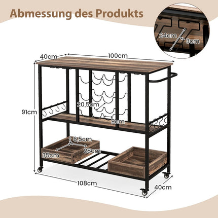 108 x 40 x 91 cm 3-tier kitchen trolley with wheels &amp; Glass holders &amp; Wine Rack &amp; Hook serving trolley trolley gray