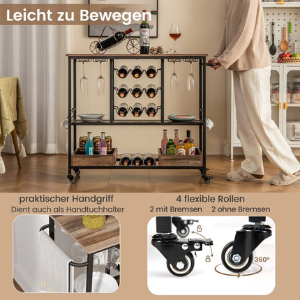 108 x 40 x 91 cm 3-tier kitchen trolley with wheels &amp; Glass holders &amp; Wine Rack &amp; Hook serving trolley trolley gray