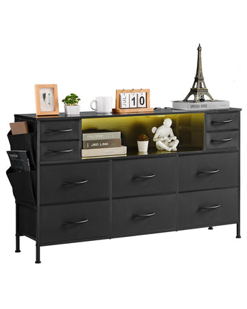 10-Drawer Fabric Dresser with LED Lights and Outlet, Black