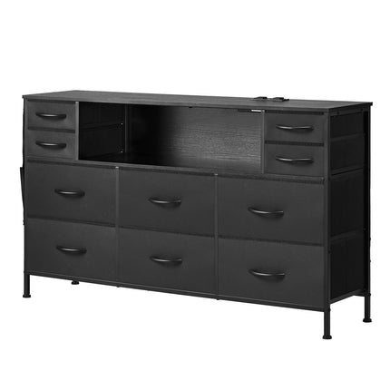 10-Drawer Fabric Dresser with LED Lights and Outlet, Black