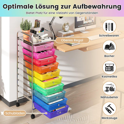 10-Drawer Rolling Cart with Lockable Wheels, Metal Frame