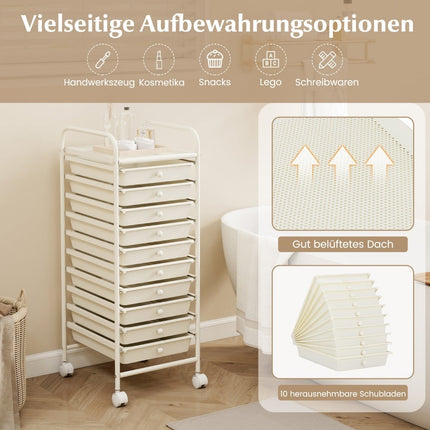 10-Drawer Rolling Storage Cart, 33x37x86 cm, White