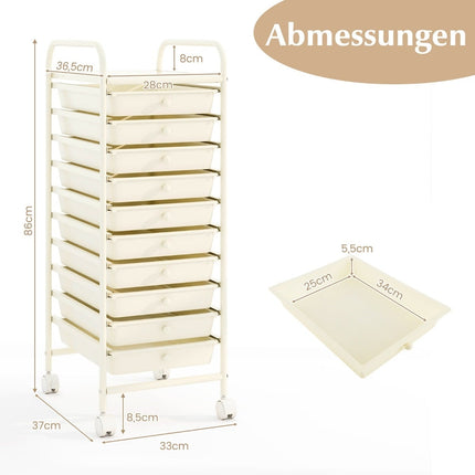 10-Drawer Rolling Storage Cart, 33x37x86 cm, White
