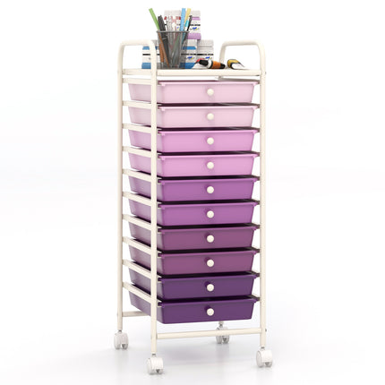 10-Drawer Rolling Storage Cart, Locking Casters, Purple