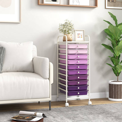 10-Drawer Rolling Storage Cart, Locking Casters, Purple