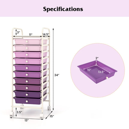10-Drawer Rolling Storage Cart, Locking Casters, Purple