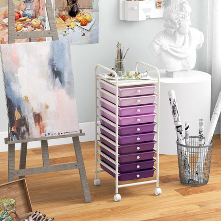 10-Drawer Rolling Storage Cart, Locking Casters, Purple