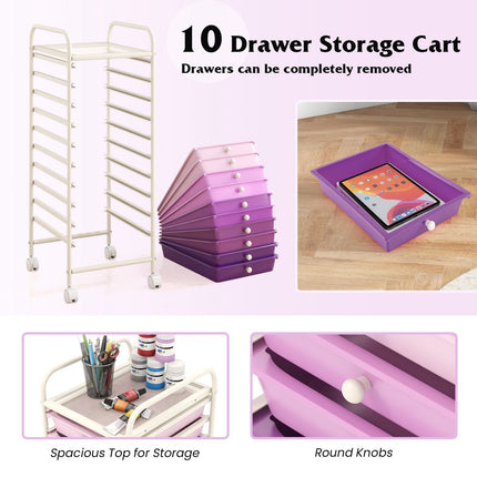10-Drawer Rolling Storage Cart, Locking Casters, Purple