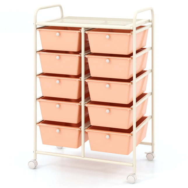 Opbergwagen met 10 laden op wielen, roze, metalen frame