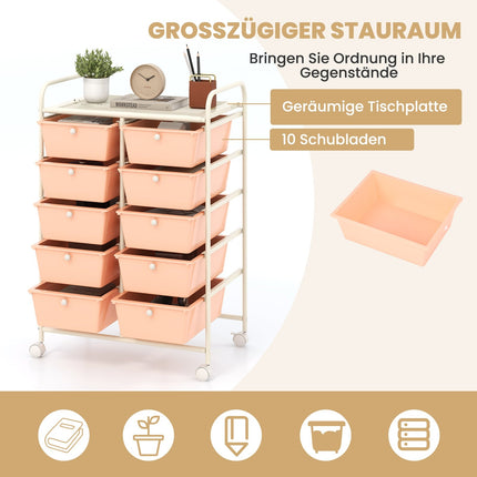 10-Drawer Rolling Storage Cart, Pink, Metal Frame