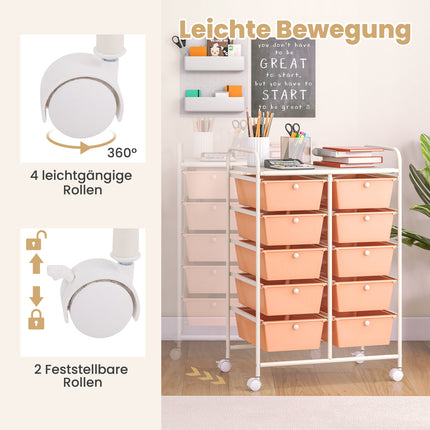 10-Drawer Rolling Storage Cart, Pink, Metal Frame
