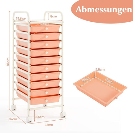 10-Drawer Rolling Storage Cart, Plastic, 33x37x86 cm