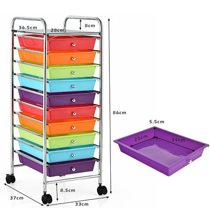 10-Drawer Rolling Storage Cart, Red & Purple, 33x37x86 cm