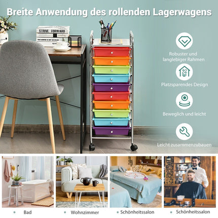 10-Drawer Rolling Storage Cart, Red & Purple, 33x37x86 cm