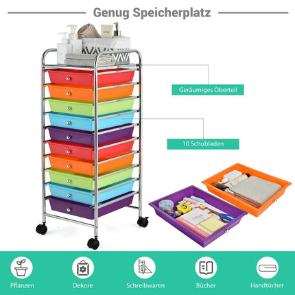 10-Drawer Rolling Storage Cart, Red & Purple, 33x37x86 cm