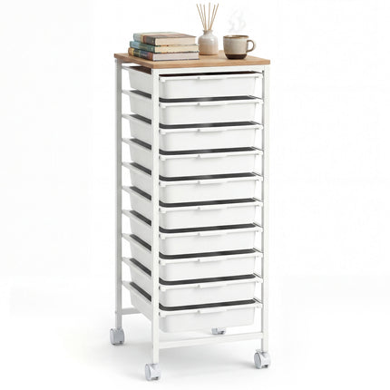10-Drawer Rolling Storage Cart with Wooden Top, White