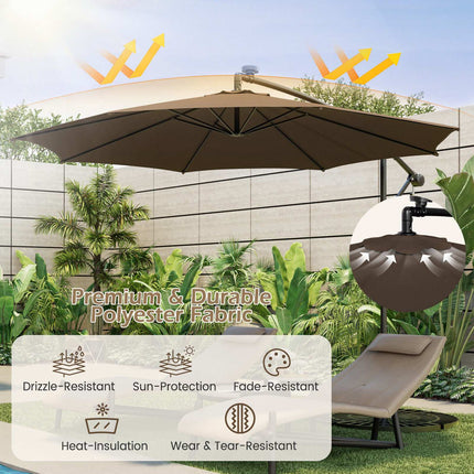 10 Ft Patio Offset Umbrella, 112 Solar LED Lights, Beige