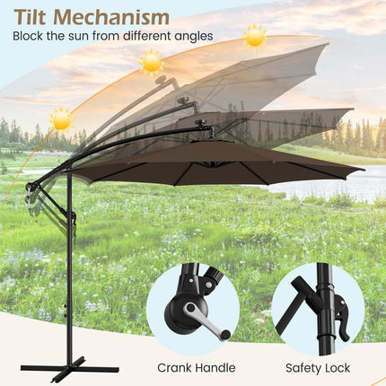 10 Ft Patio Offset Umbrella, 112 Solar LED Lights, Beige