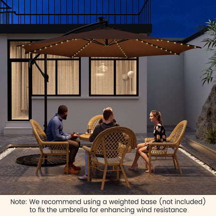 10 Ft Patio Offset Umbrella, 112 Solar LED Lights, Beige