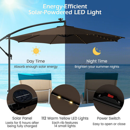 10 Ft Patio Offset Umbrella, 112 Solar LED Lights, Beige