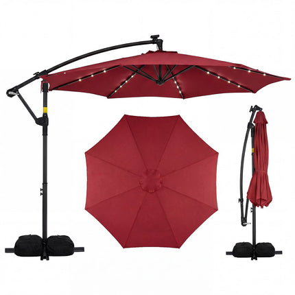 10 Ft Solar LED Offset Cantilever Patio Umbrella, Red