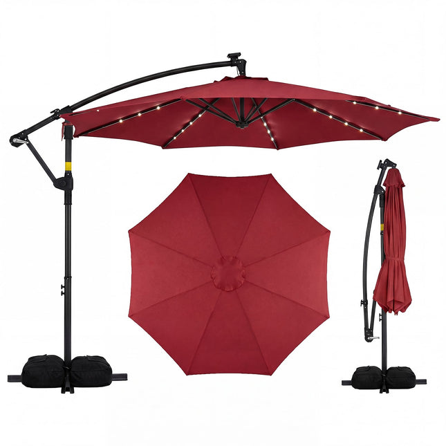 10 Ft Solar LED Offset Cantilever Patio Umbrella, Red