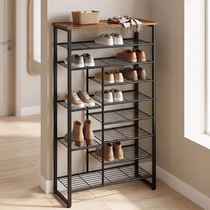 10-Tier Metal & MDF Shoe Rack, Brown, Space-Saving