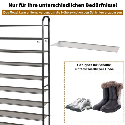 10-Tier Shoe Rack, Removable Shelves, Metal Frame, Black