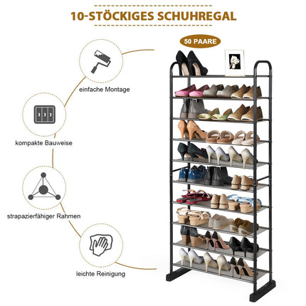 10-Tier Shoe Rack, Removable Shelves, Metal Frame, Black