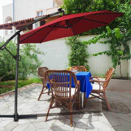 10ft Solar LED Offset Patio Umbrella, 360 Tilt, Burgundy