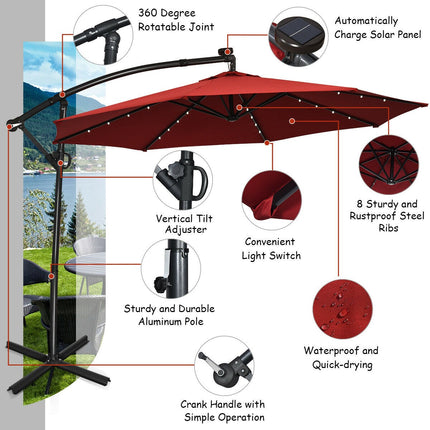 10ft Solar LED Offset Patio Umbrella, 360 Tilt, Burgundy