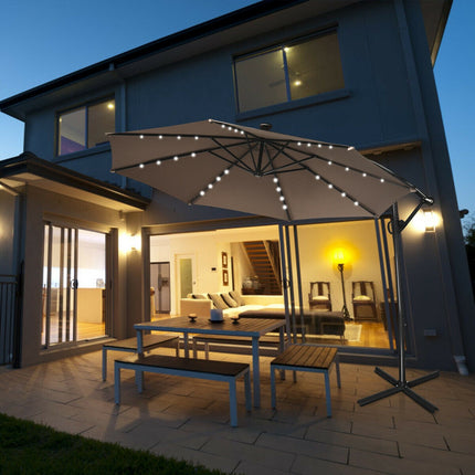 10ft Solar LED Offset Patio Umbrella, 360 Tilt, Tan