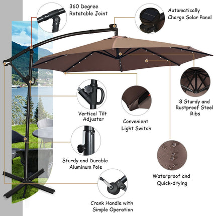 10ft Solar LED Offset Patio Umbrella, 360 Tilt, Tan