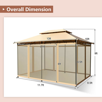 10x13 Ft Patio Gazebo Canopy, Removable Mesh Walls, Tan