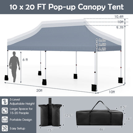 10x20 Pop-Up Canopy Tent, Adjustable Height, Carry Bag