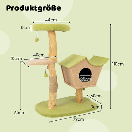 110 cm large wooden scratching post cat tower with padded seat house scratching post green 79 x 60 x 110 cm